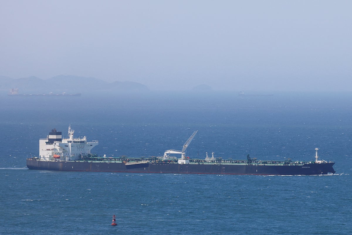 Crude oil tanker Odessa, carrying UAE crude after passing through the Strait of Hormuz with its Automatic Identification System transponder turned off, navigates the waters at Daesan port, where it is expected to discharge crude oil, in Seosan, South Korea, on 8 May 2026