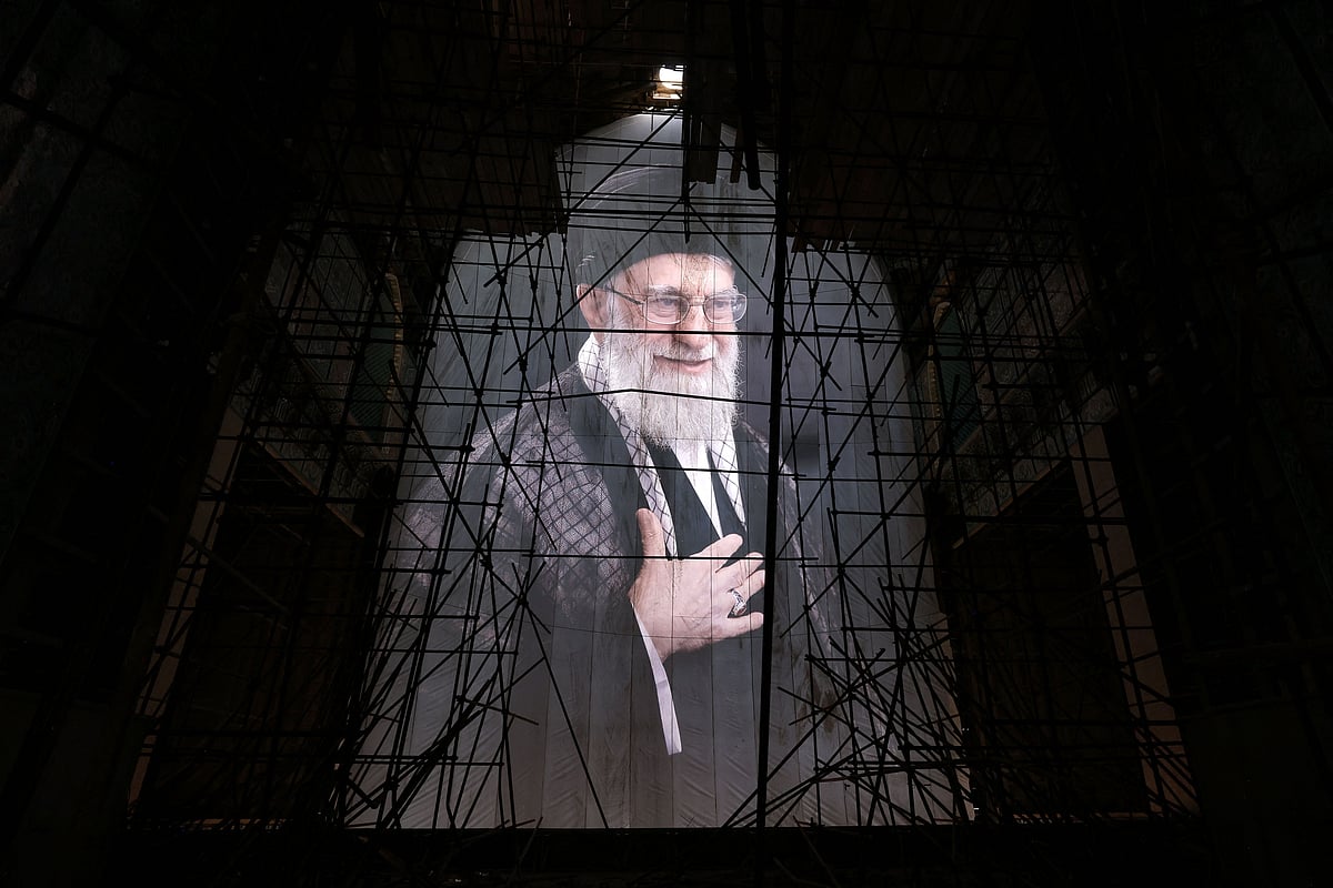 A picture of Iran's slain supreme leader Ayatollah Ali Khamenei is seen at the Grand Mosalla during his funeral ceremonies in Tehran on 4 July, 2026. Funeral ceremonies for Iran's supreme leader Ali Khamenei officially began on 4 July, state television reported, an event drawing thousands and intended to serve as a show of strength to the Islamic republic's foes.