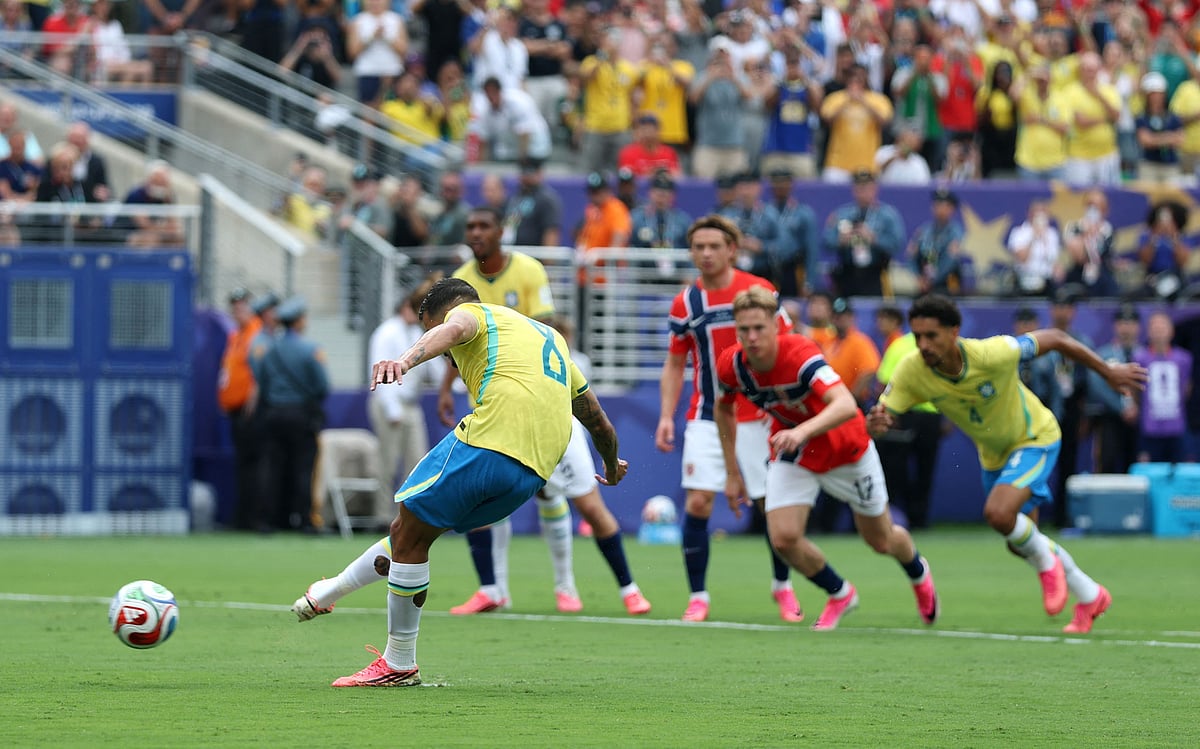 Bruno Guimaraes #8 of Brazil fails to convert a penalty during the FIFA World Cup 2026 Round of 16 match between Brazil and Norway at New York New Jersey Stadium on July 05, 2026 in East Rutherford, New Jersey