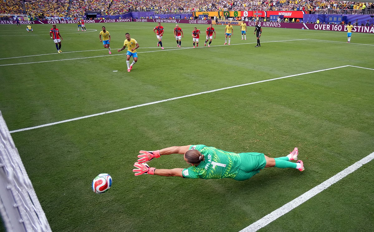 Norway's Orjan Nyland saves a penalty missed by Brazil's Bruno Guimaraes at at FIFA World Cup 2026 - Round of 16 - Brazil v Norway - New York New Jersey Stadium, East Rutherford, New Jersey, US on 5 July, 2026.