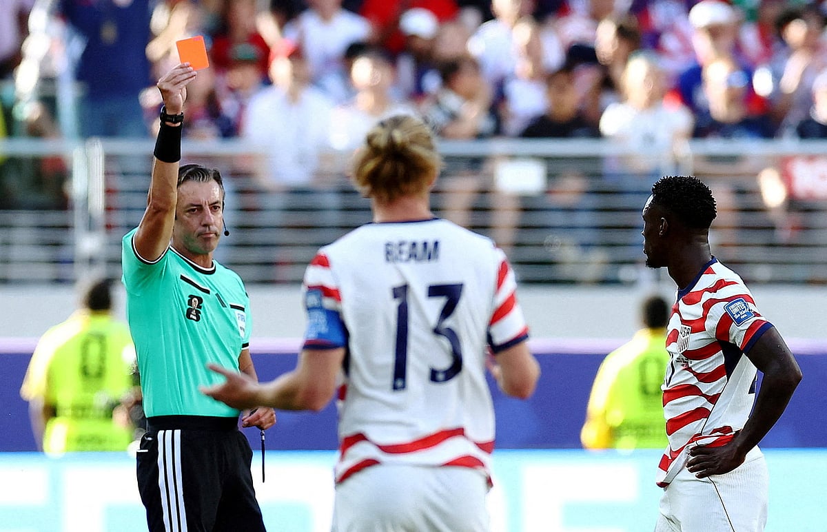 Folarin Balogun of the US is shown a red card by referee Raphael Claus against Bosnia and Herzegovina at San Francisco Bay Area Stadium, Santa Clara, California, US on 1 July, 2026