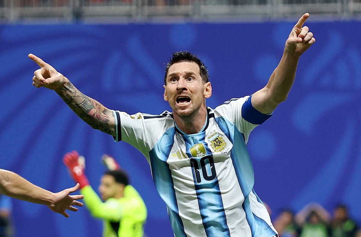 Argentina's Lionel Messi celebrates scoring their second goal at FIFA World Cup 2026 - Round of 16 - Argentina v Egypt - Atlanta Stadium, Atlanta, Georgia, US on 7 July, 2026.