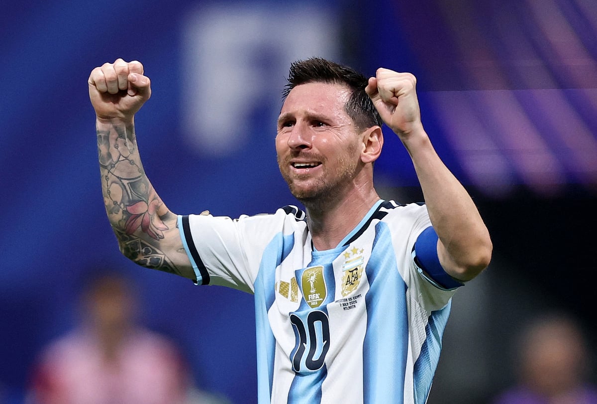 Argentina's Lionel Messi celebrates after the match as Argentina qualify for the quarter finals of the World Cup at FIFA World Cup 2026 - Round of 16 - Argentina v Egypt - Atlanta Stadium, Atlanta, Georgia, US on 7 July, 2026.