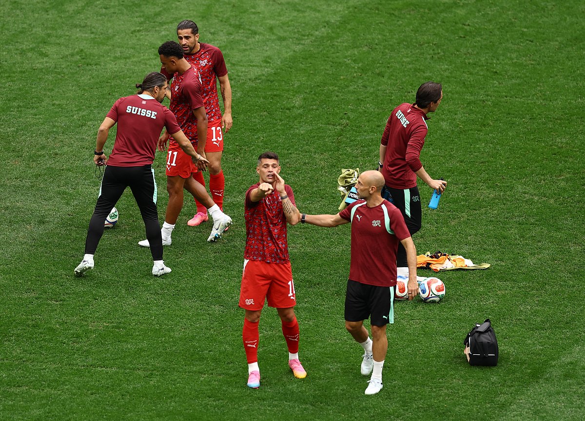 Soccer Football - FIFA World Cup 2026 - Round of 16 - Switzerland v Colombia - BC Place, Vancouver, Canada - July 7, 2026
Switzerland's Granit Xhaka reacts during the warm up before the match