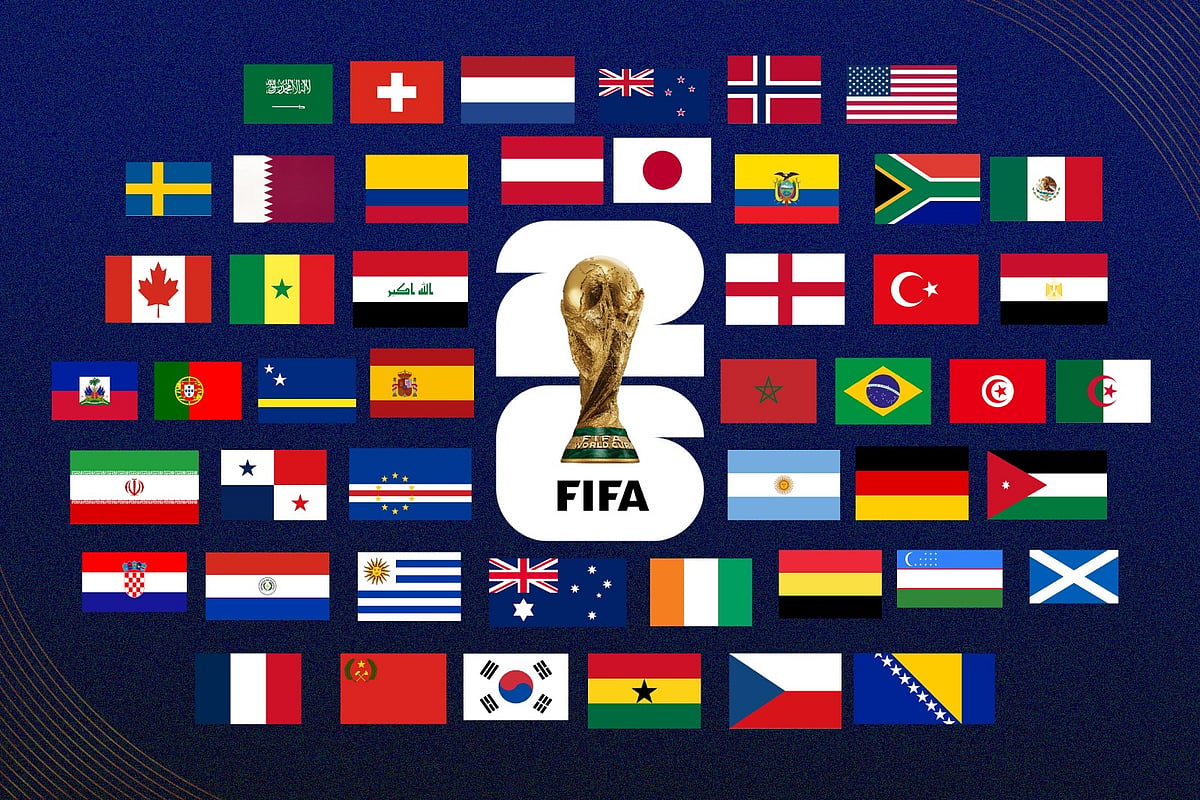 A combination of photos shows the flags of the 48 countries participating in the 2026 FIFA World Cup.