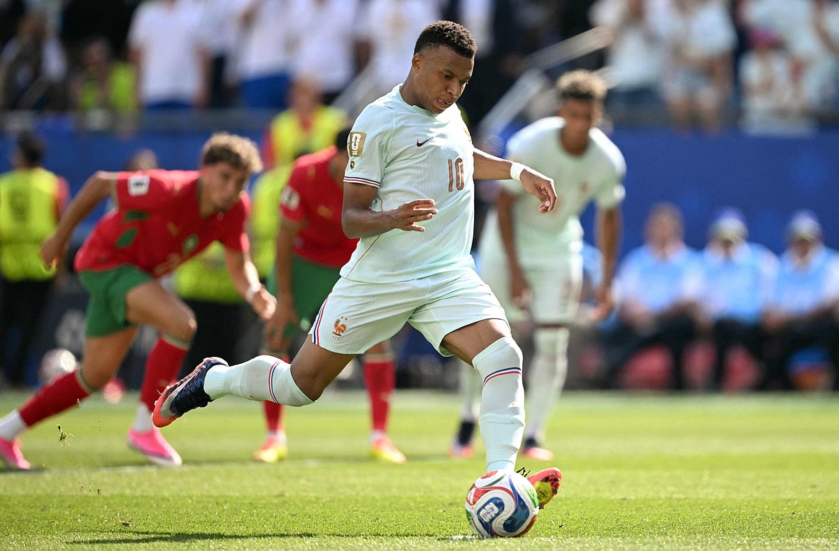 France's forward #10 Kylian Mbappe shoots and misses a penalty during the 2026 World Cup football tournament quarter-final match between France and Morocco at Boston Stadium in Foxborough on 9 July, 2026.