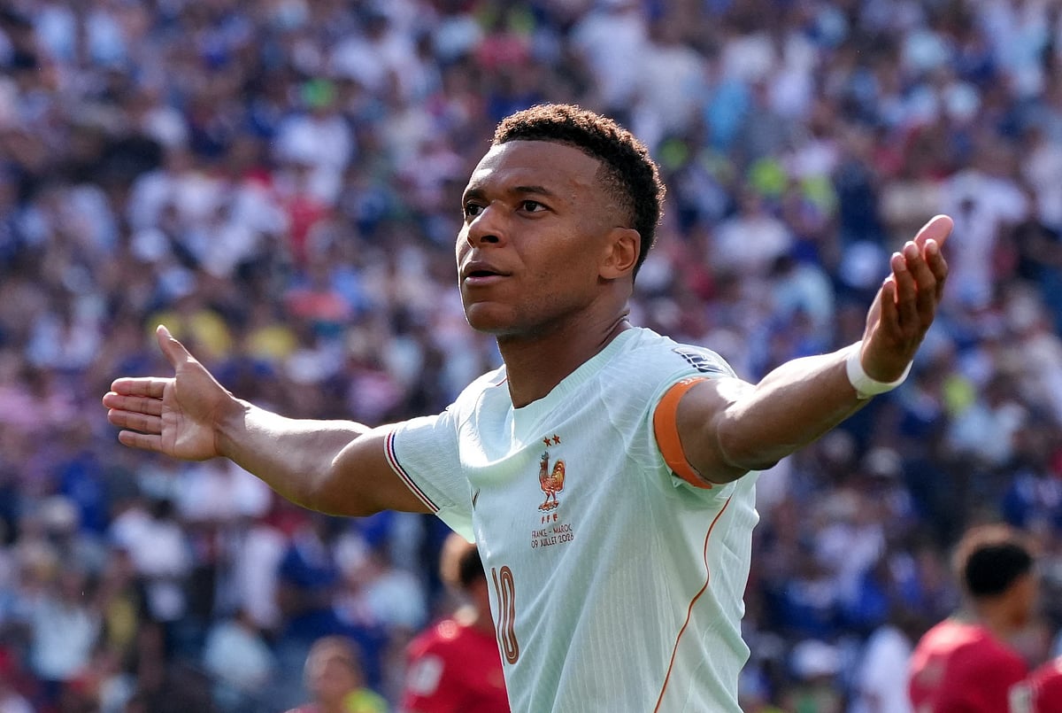 France's Kylian Mbappe celebrates scoring their first goal at FIFA World Cup 2026 - Quarter Final - France v Morocco - Boston Stadium, Foxborough, Massachusetts, US on 9 July, 2026.