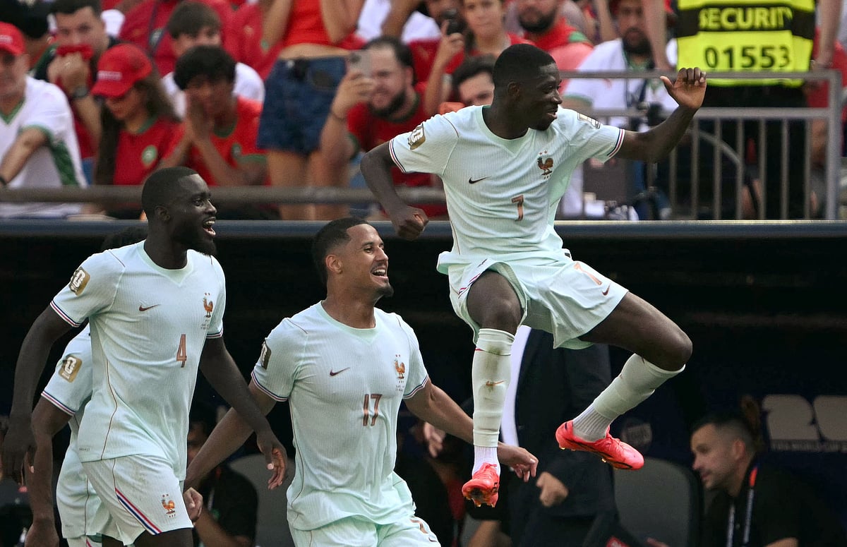 France's forward #07 Ousmane Dembele celebrates scoring his team's second goal during the 2026 World Cup football tournament quarter-final match between France and Morocco at Boston Stadium in Foxborough on 9 July, 2026.