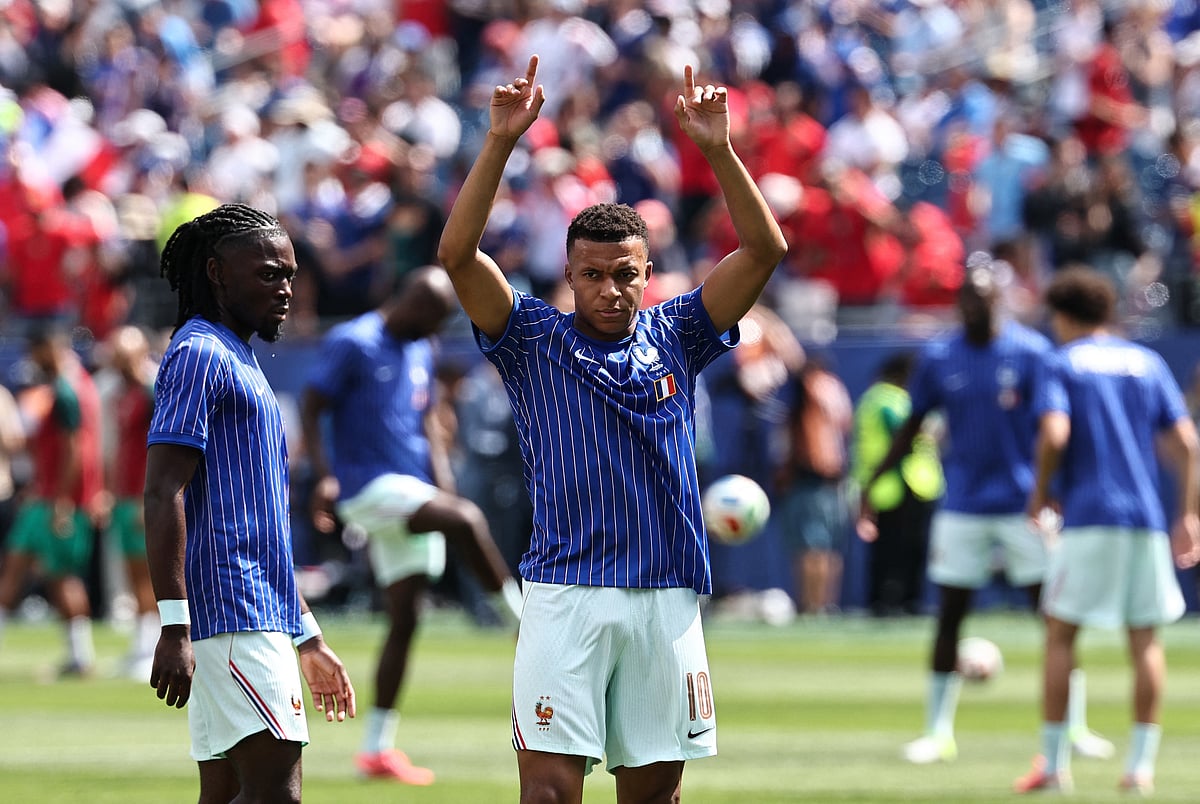France's Kylian Mbappe and France's Manu Kone during the warm up before the match at FIFA World Cup 2026 - Quarter Final - France v Morocco - Boston Stadium, Foxborough, Massachusetts, US on 9 July, 2026.
