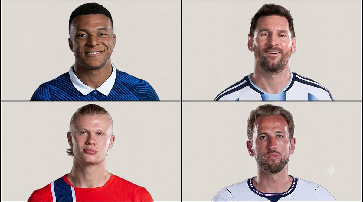 (Clockwise) A combination of photos shows Kylian Mbappe, Lionel Messi, Harry Kane and Erling Haaland.