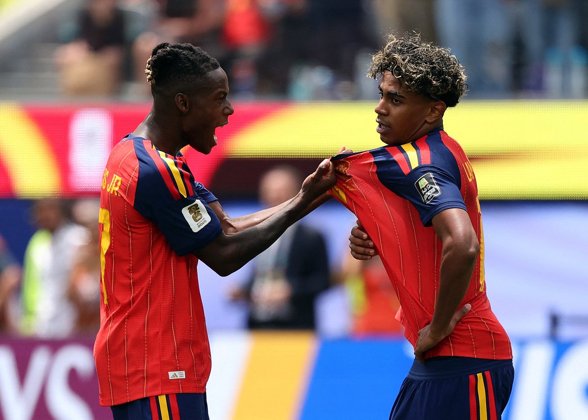 Spain's Nico Williams and Lamine Yamal celebrate after the match at FIFA World Cup 2026 - Quarter Final - Spain v Belgium - Los Angeles Stadium, Inglewood, California, US on 10 July, 2026.