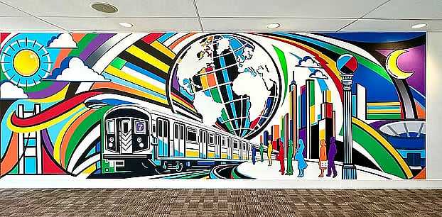 A mural by Zeehan Wazed is displayed in the VIP lounge of MetLife Stadium in New Jersey.