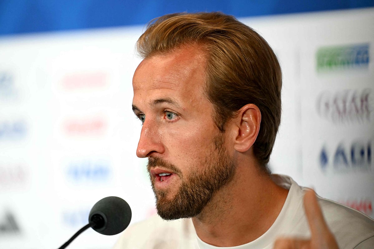 England's forward #09 Harry Kane gives an MD-1 press conference at Miami Stadium in Miami on 10 July, 2026, on the eve of the 2026 World Cup football tournament quarter-final match between Norway and England.