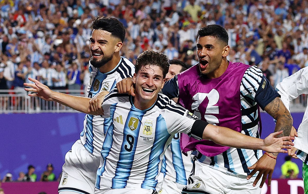 Argentina's Julian Alvarez celebrates scoring their second goal with teammates at FIFA World Cup 2026 - Quarter Final - Argentina v Switzerland - Kansas City Stadium, Kansas City, Missouri, US on 11 July, 2026.