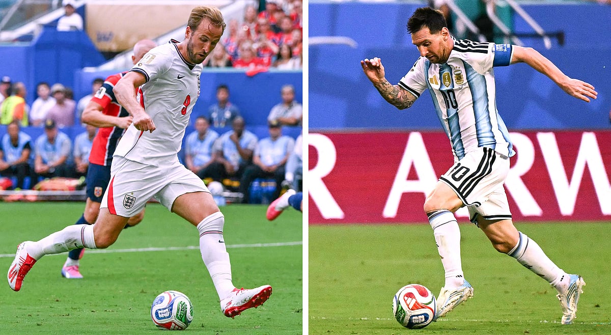 (COMBO) This combination of file photos created on 12 July, 2026, shows England's forward #09 Harry Kane in Miami on 11 July, 2026 (L); and Argentina's forward #10 Lionel Messi in Miami Gardens on 3 July, 2026. England and Argentina will meet in a 2026 World Cup semi-final football match at the Atlanta Stadium in Atlanta on 15 July, 2026.