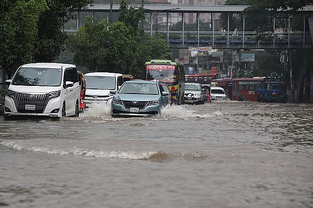 Relentless rain continued in Dhaka from Monday morning, causing waterlogging in areas including Arambagh and Motijheel.