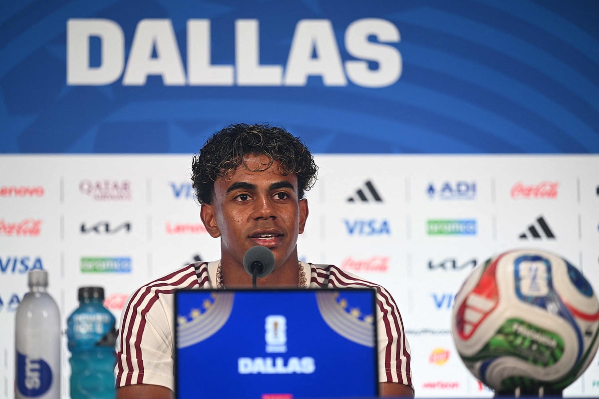 Spain’s forward #19 Lamine Yamal gives an MD-1 press conference at the Dallas Stadium in Arlington on 13 July 2026, on the eve of the 2026 World Cup football tournament semi-final match between France and Spain