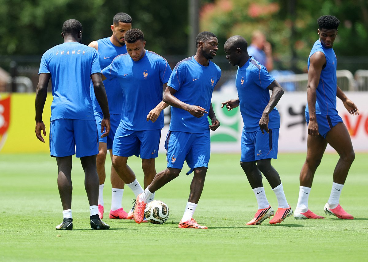 France's William Saliba, Kylian Mbappe, Ousmane Dembele, Ngolo Kante and Aurelien Tchouameni during training at FIFA World Cup 2026 - France Training - Southern Methodist University, Dallas, Texas, US - 13 July, 2026.