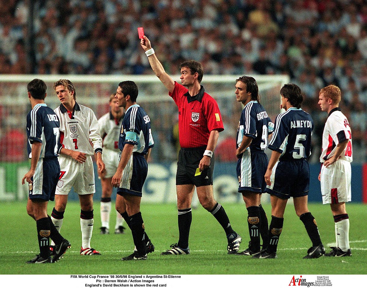 England's David Beckham is shown the red card against Argentina in 1998 FIFA World Cup