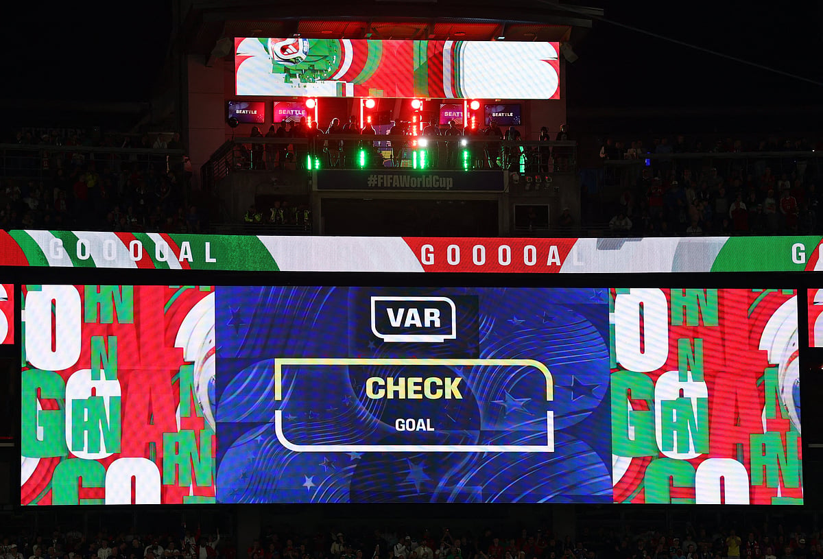 General view as the big screen displays a VAR review message