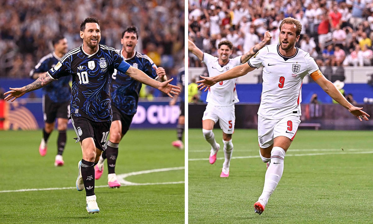 (COMBO) This combination of file photos created on 12 July, 2026, shows Argentina's forward #10 Lionel Messi in Arlington on 27 June, 2026 (L),ja and England's forward #09 Harry Kane in Arlington on 17 June, 2026. England and Argentina will meet in a 2026 World Cup semi-final football match at the Atlanta Stadium in Atlanta on 15 July, 2026.