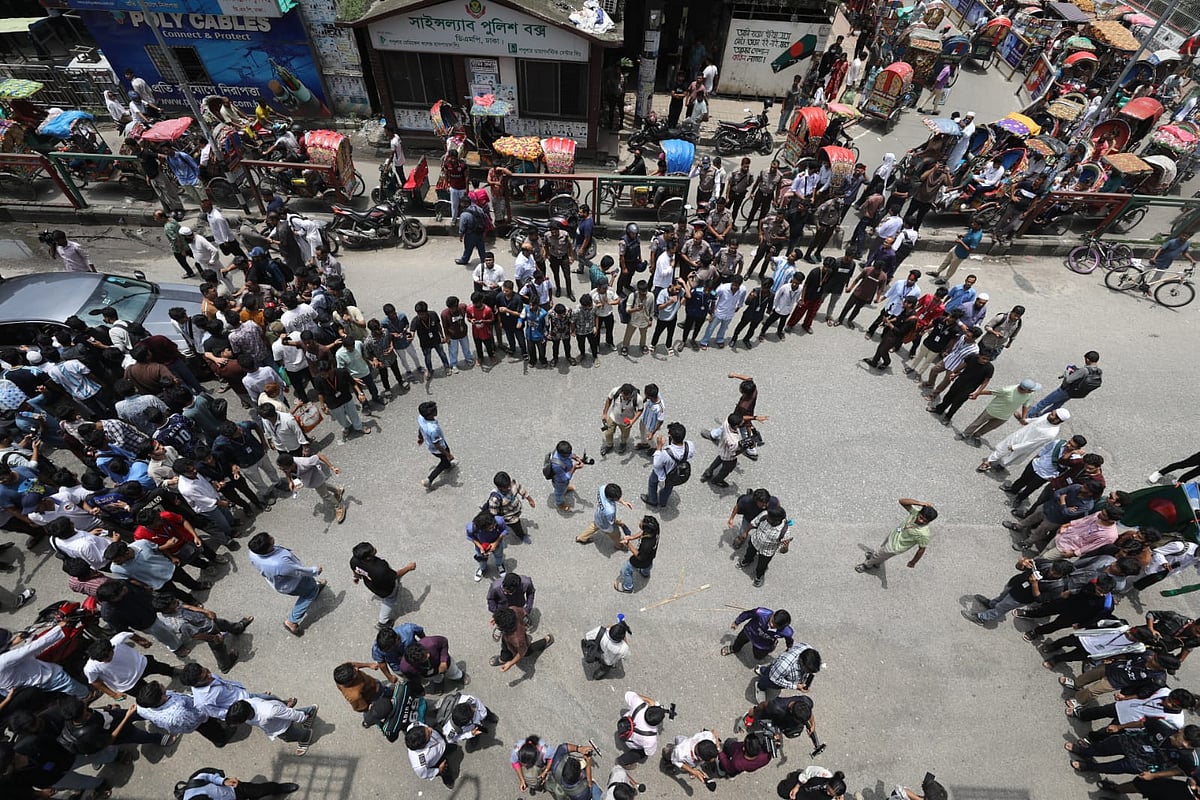Students blocked Mirpur Road and staged a demonstration, bringing traffic on the road to a standstill on 14 July 2026.