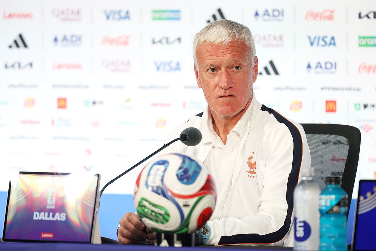 Didier Deschamps, Head Coach of France, speaks to the media during a France Press Conference at Dallas Stadium on 13 July 2026 in Arlington, Texas