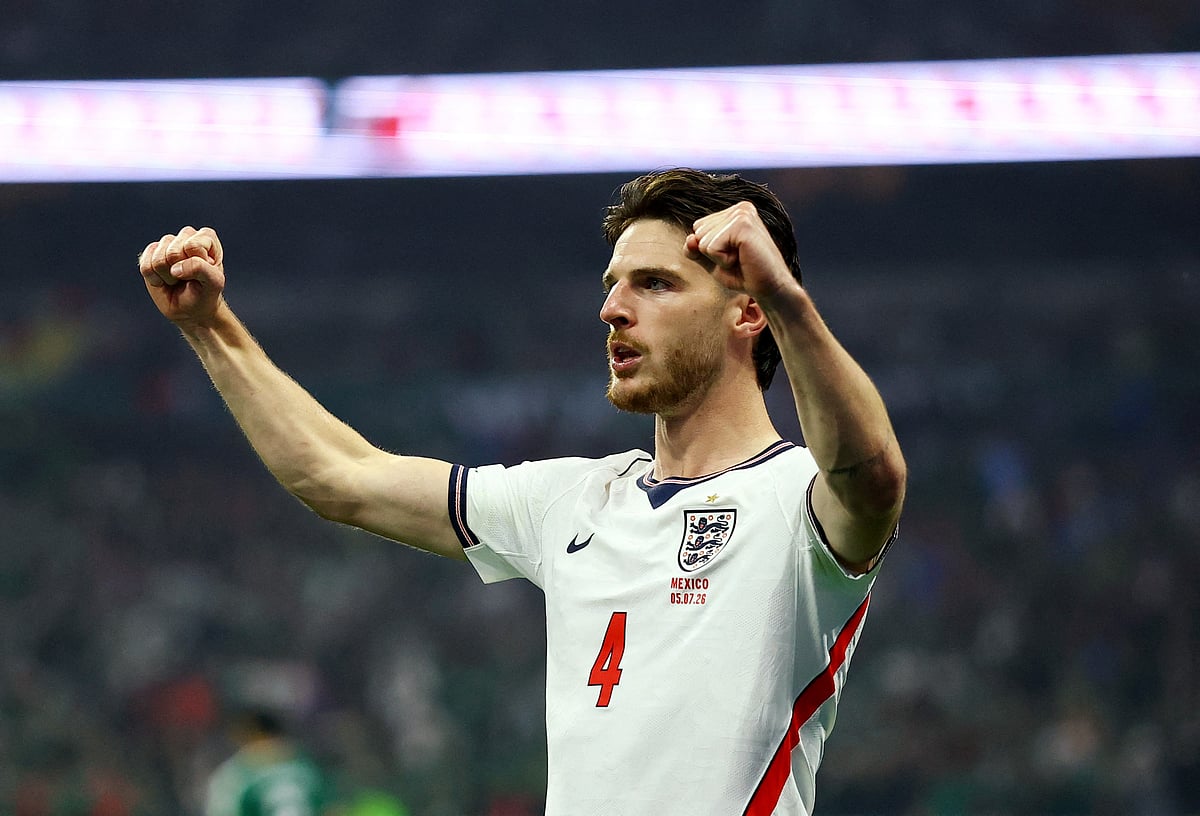 England's Declan Rice celebrates after Harry Kane scores their third goal at FIFA World Cup 2026 - Round of 16 - Mexico v England - Estadio Azteca, Mexico City, Mexico - 5 July, 2026.