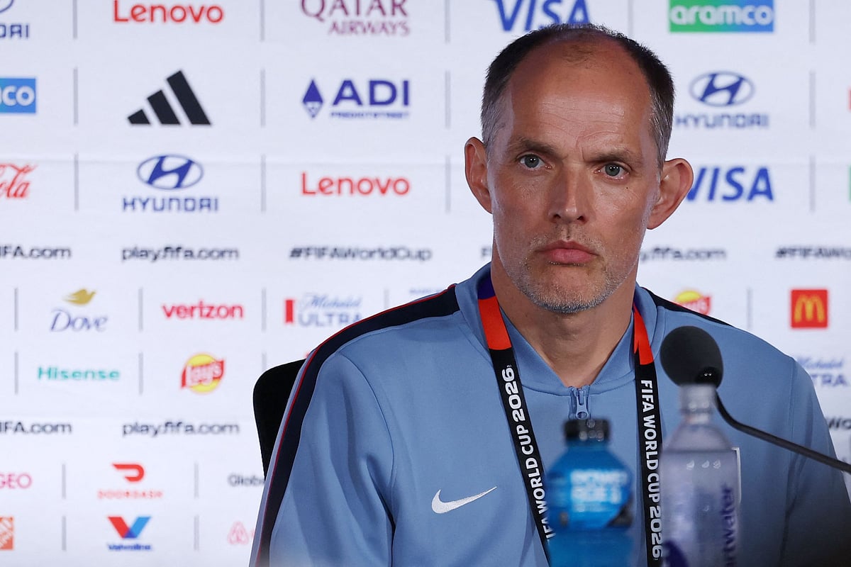 England’s German head coach Thomas Tuchel gives an MD-1 press conference at the Atlanta Stadium in Atlanta on 14 July 2026, on the eve of the 2026 World Cup football tournament semi-final match between England and Argentina