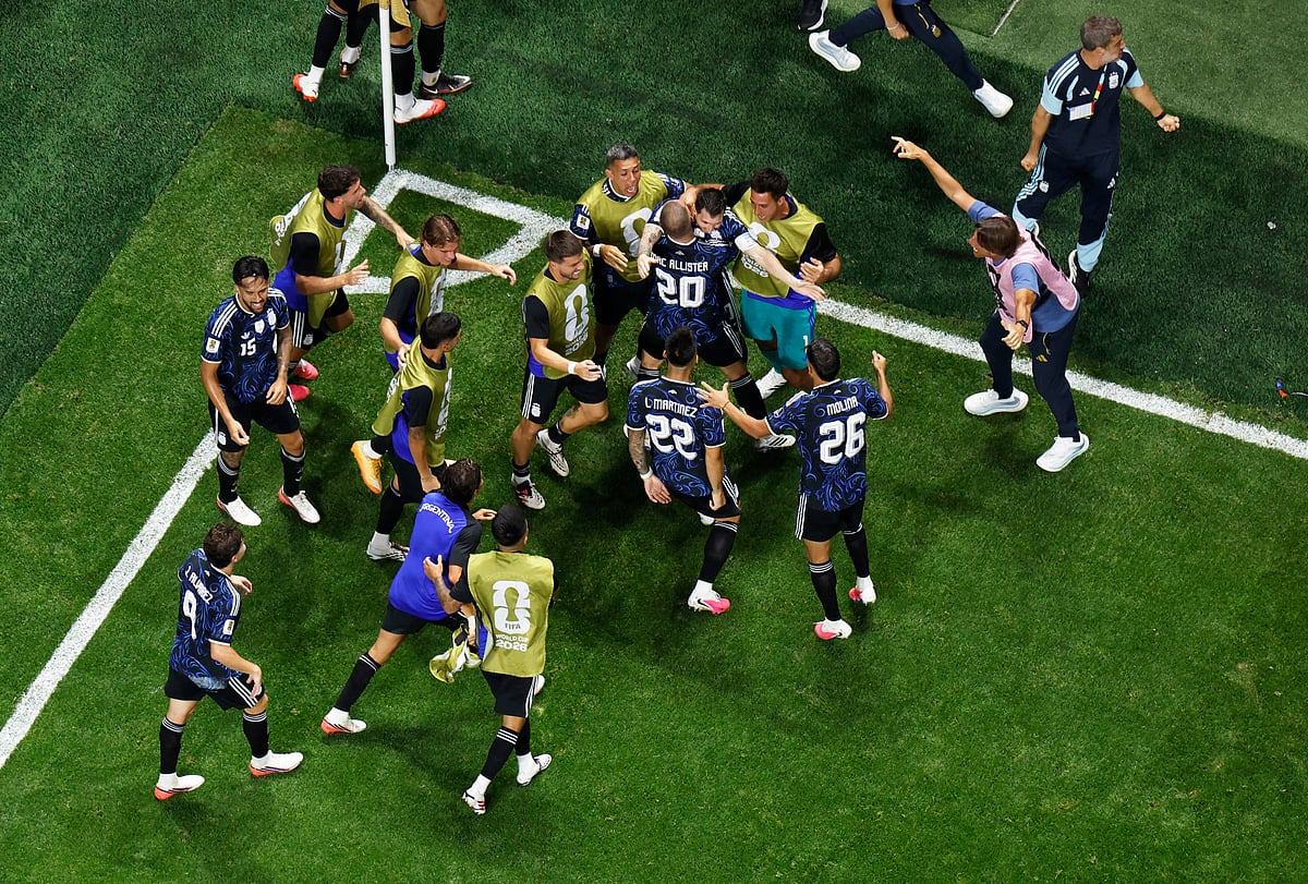 Football - FIFA World Cup 2026 - Semi Final - England v Argentina - Atlanta Stadium, Atlanta, Georgia, U.S. - July 15, 2026
Argentina's Lautaro Martinez celebrates scoring their second goal with teammates
