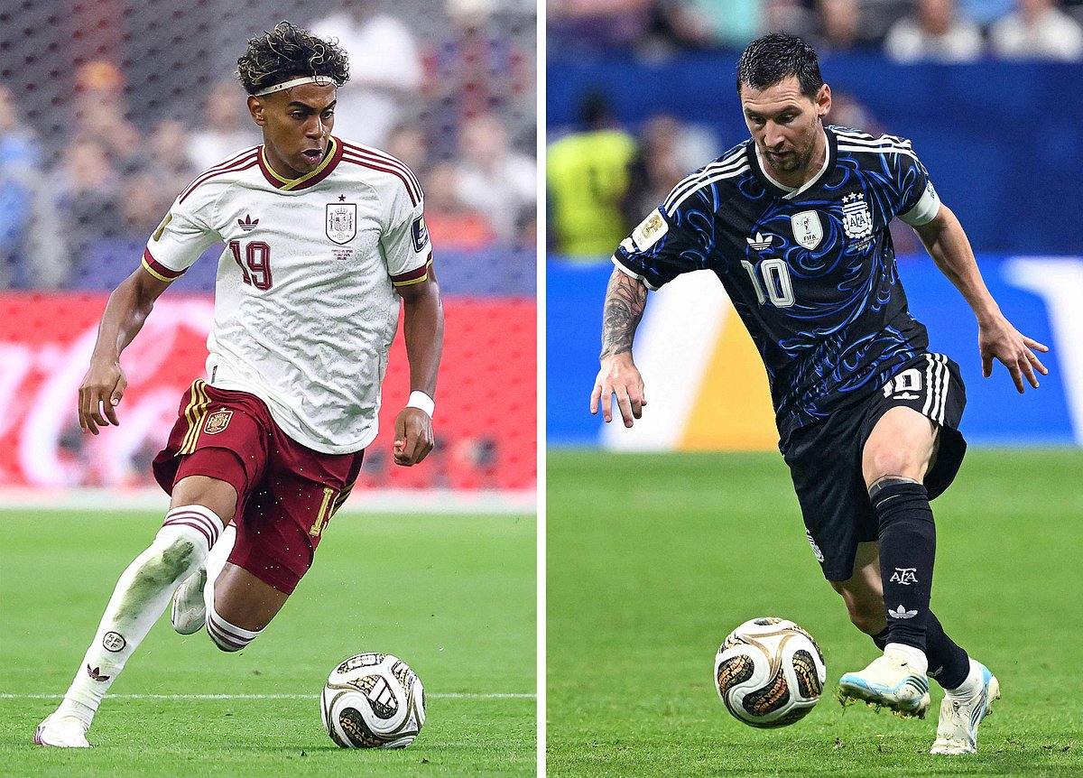 (COMBO) This combination of file photos created on July 16, 2026, shows Spain's forward #19 Lamine Yamal in Arlington on 14 July, 2026 (L); and Argentina's forward #10 Lionel Messi in Atlanta on 15 July, 2026.