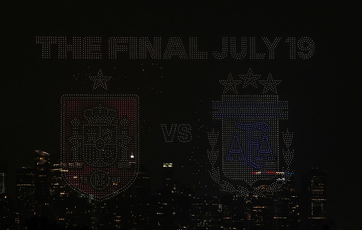 Football - FIFA World Cup 2026 - Drone Show in New Jersey - New Jersey, U.S. - July 15, 2026
A FIFA drone show is seen with the New York City skyline in the background ahead of the final match between Spain and Argentina