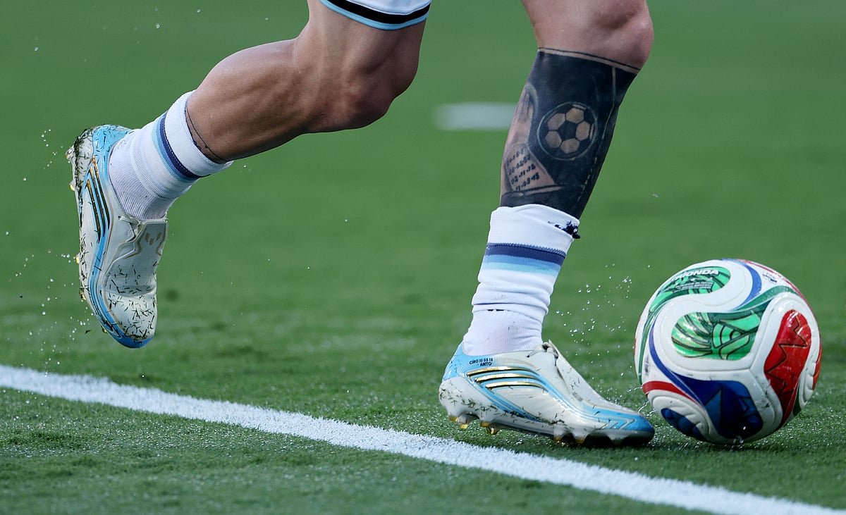 The boots of Argentina's Lionel Messi during the warm up before the match at FIFA World Cup 2026 - Quarter Final - Argentina v Switzerland - Kansas City Stadium, Kansas City, Missouri, US - 11 July, 2026.