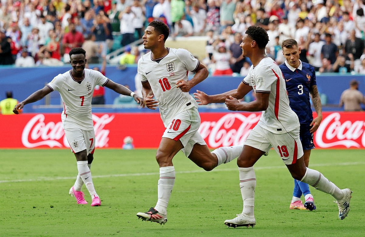 England's Jude Bellingham celebrates scoring their sixth goal at FIFA World Cup 2026 - Bronze Final - France v England - Miami Stadium, Miami Gardens, Florida, US - 18 July, 2026.