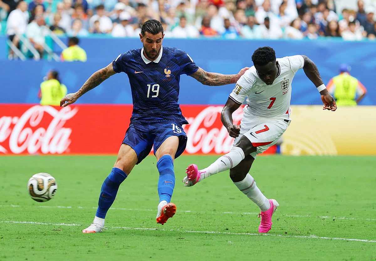 England's Bukayo Saka scores their fourth goal at FIFA World Cup 2026 - Bronze Final - France v England - Miami Stadium, Miami Gardens, Florida, US - 18 July, 2026.