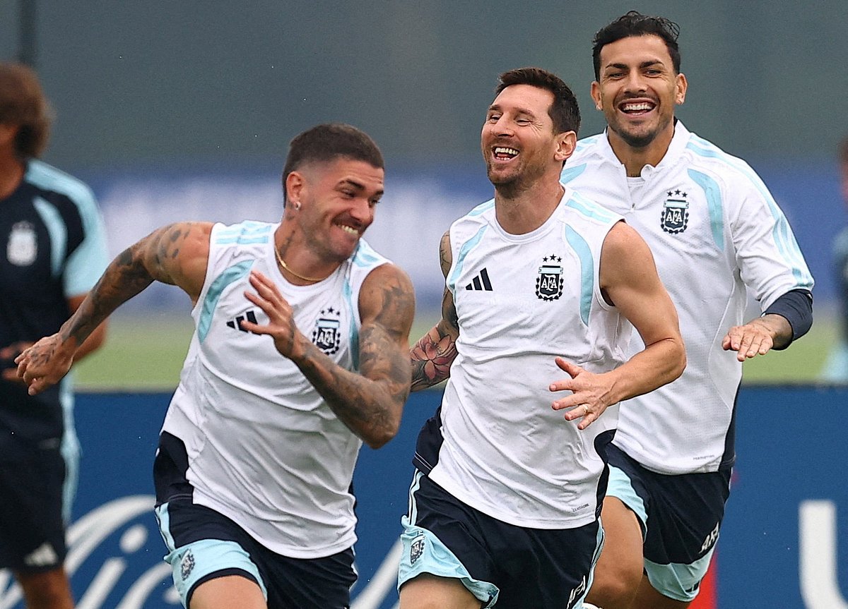 Argentina's Rodrigo De Paul, Lionel Messi and Leandro Paredes during training at Red Bulls Academy, Morristown, New Jersey, US, on 18 July, 2026