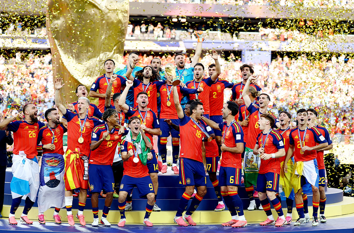 Spain's Rodri lifts the trophy with teammates after winning the World Cup at FIFA World Cup 2026 - Final - Spain v Argentina - New York/New Jersey Stadium, East Rutherford, New Jersey, US - 19 July, 2026.
