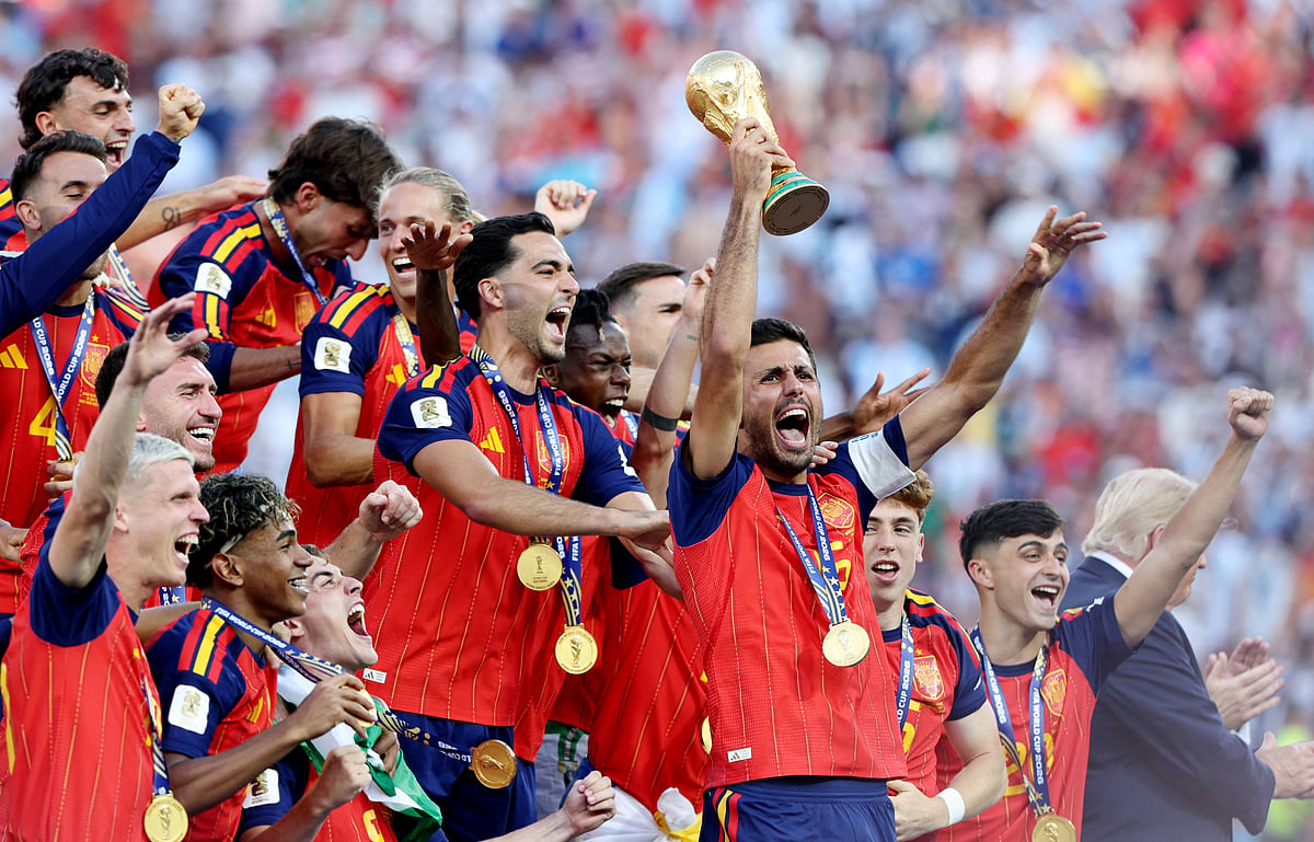 Spain's Rodri lifts the World Cup trophy alongside teammates as they celebrate winning the World Cup at FIFA World Cup 2026 - Final - Spain v Argentina - New York/New Jersey Stadium, East Rutherford, New Jersey, US - 19 July, 2026.