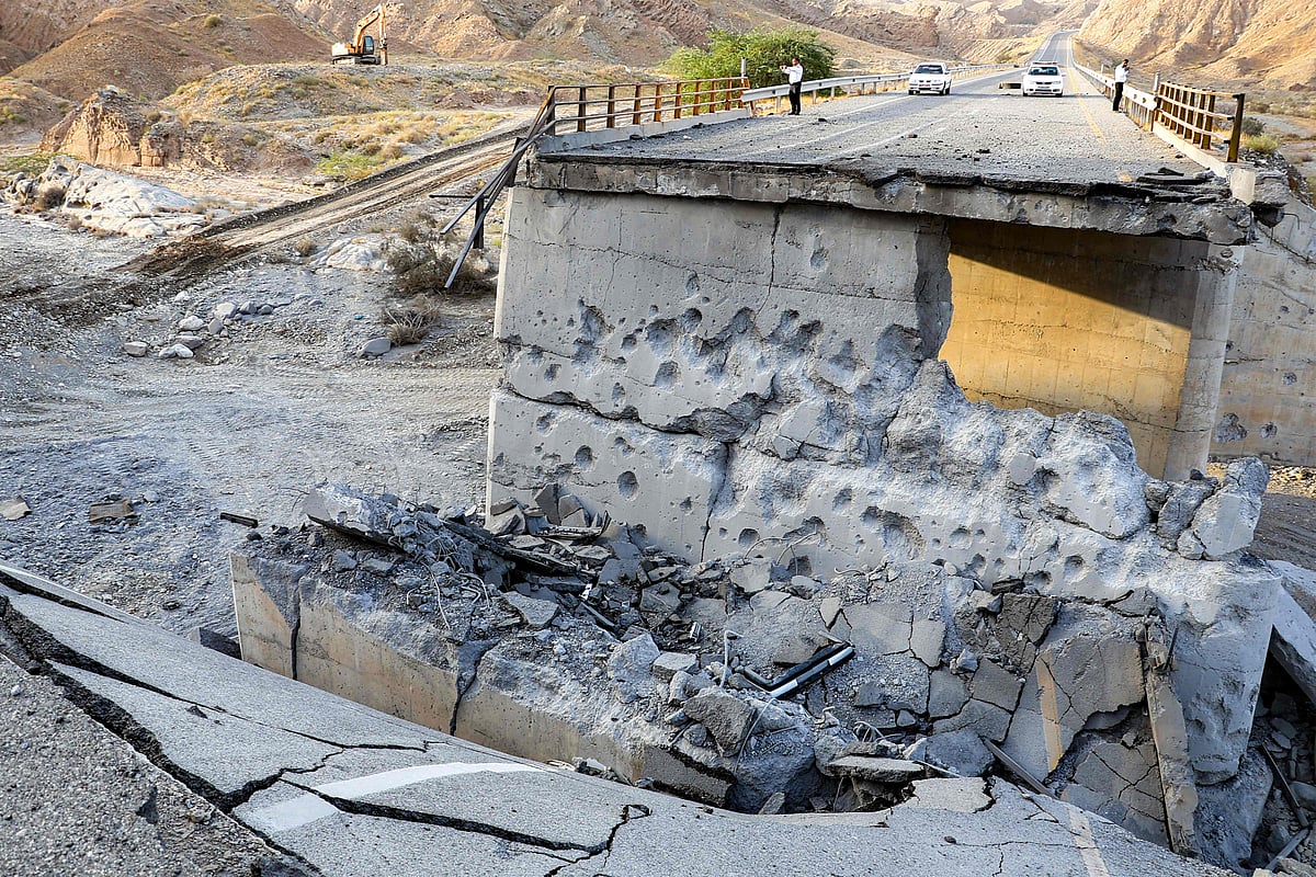 A heavily-damaged bridge which was hit by a US strike is pictured along the road connecting Roudan and Bandar Abbas in southern Iran on 18 July, 2026.