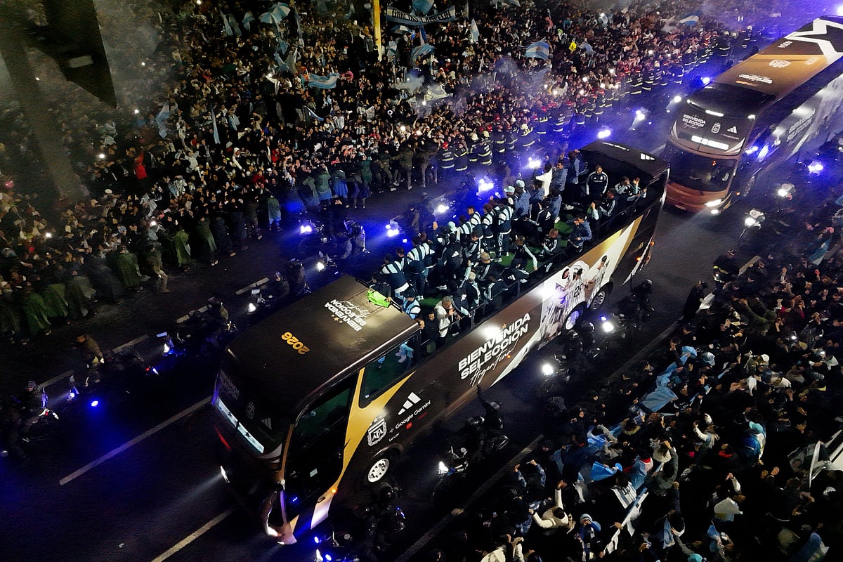 Drone view shows Argentina players as fans welcome the team after they arrive in Buenos Aires after losing the FIFA World Cup final to Spain at FIFA World Cup 2026 - Argentina players arrive in Buenos Aires after the final - Buenos Aires, Argentina - 20 July, 2026.