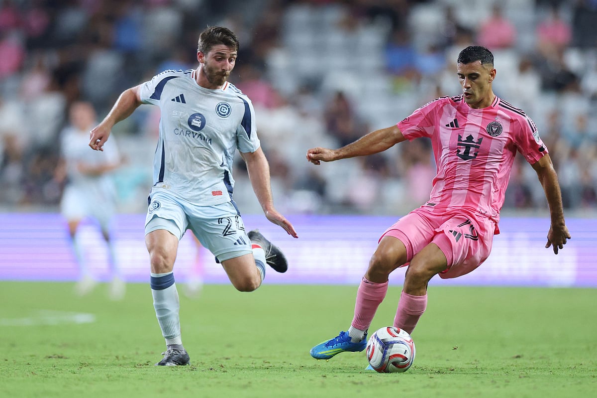 German Berterame #19 of Inter Miami CF is challenged by Jonathan Dean #24 of Chicago Fire during the MLS match between Inter Miami CF and Chicago Fire FC at Nu Stadium on 22 July, 2026 in Miami, Florida.