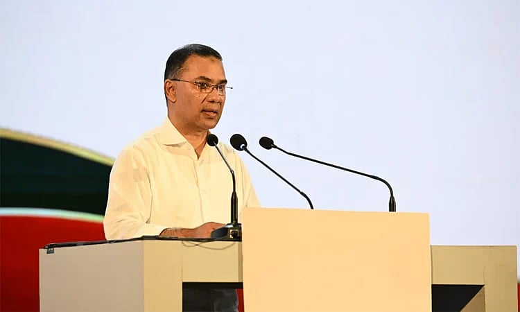 Prime Minister Tarique Rahman addressing the Foreign Investors' Chamber of Commerce and Industry (FICCI) FDI Conference 2026 at Bangladesh-China Friendship Conference Center (BCFCC) in Dhaka on 23 July 2026