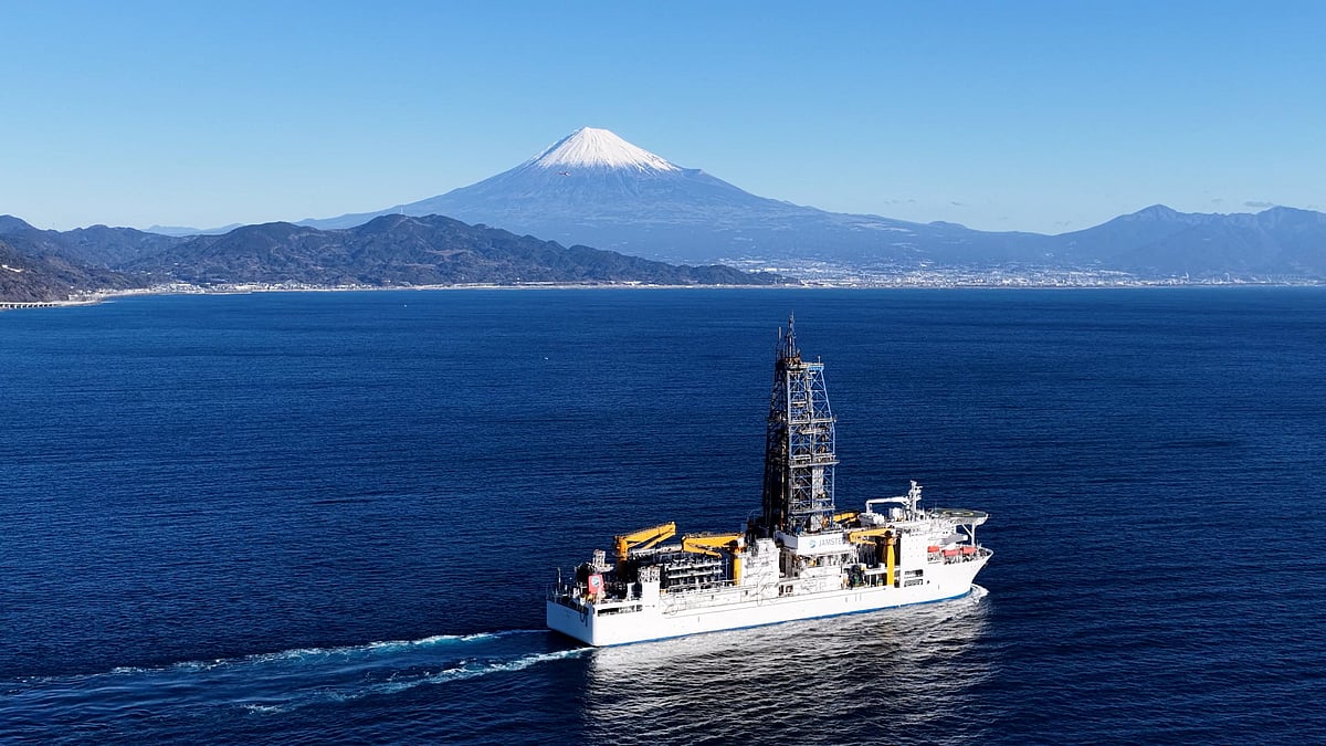 This handout image released courtesy of SIP/JAMSTEC on 24 July 2026 and taken on January 12, 2026, shows the deep-sea drilling ship Chikyu, departing for Minamitorishima, a coral atoll some 2,000 kilometres (1,250 miles) from Tokyo.
