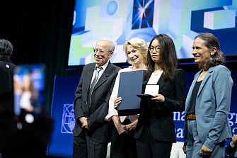 (From left to right) Jalal Shatah, Marilyn Simons, 2026 Fields Medalist Chinese mathematician Hong Wang and Deirdre Haskell