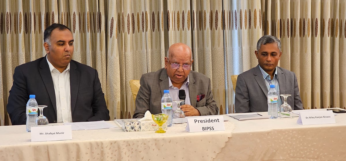 Speakers at a BIPSS roundtable titled "Sub-threshold Conflict: War by Other Means," in Dhaka discussing the growing challenges of cyber threats, disinformation, economic coercion and other forms of hybrid warfare for Bangladesh's national security.