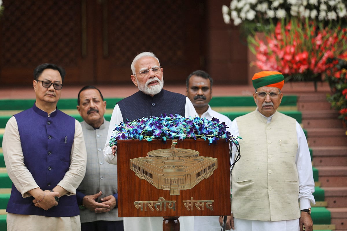 Indian Prime Minister Narendra Modi addresses the press upon his arrival to attend the first day of the monsoon session of parliament in New Delhi, India, 20 July, 2026.