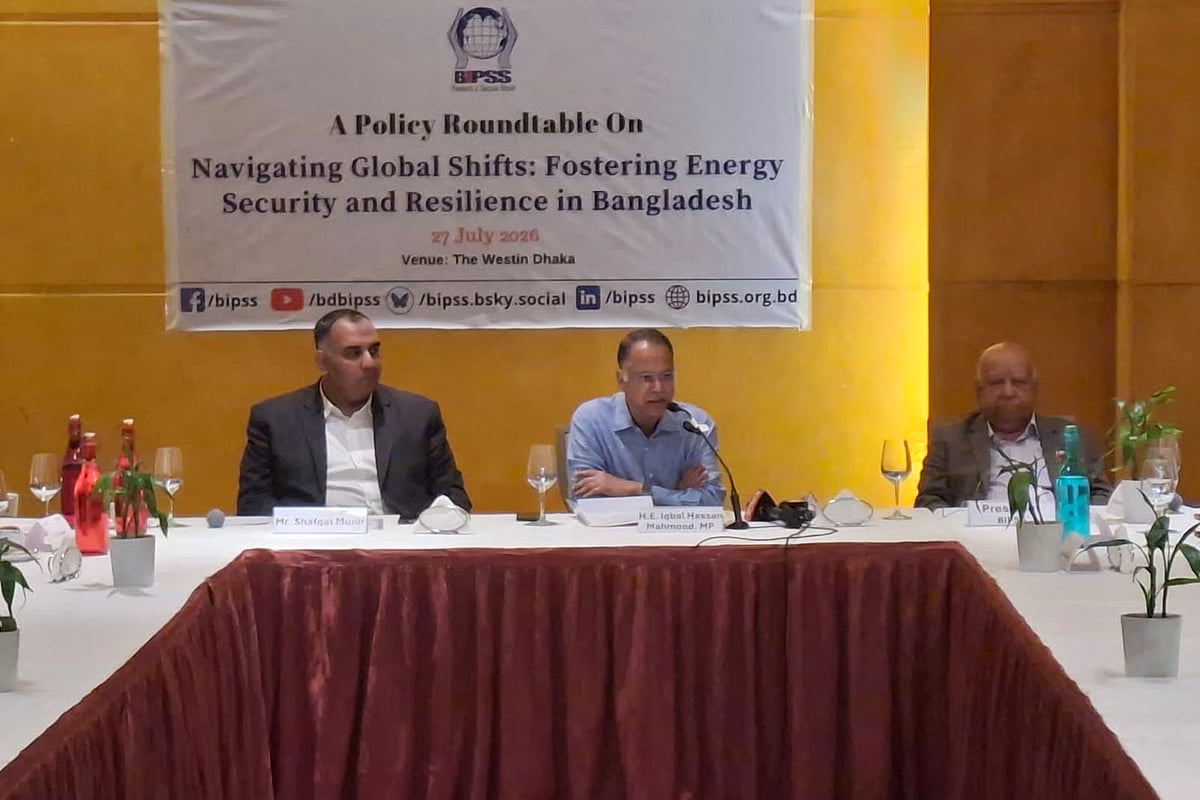 Power, Energy and Mineral Resources Minister Iqbal Hassan Mahmood Tuku speaks at a roundtable titled "Navigating Global Shifts: Fostering Energy Security and Resilience in Bangladesh" at a hotel in Dhaka on 27 July 2026.