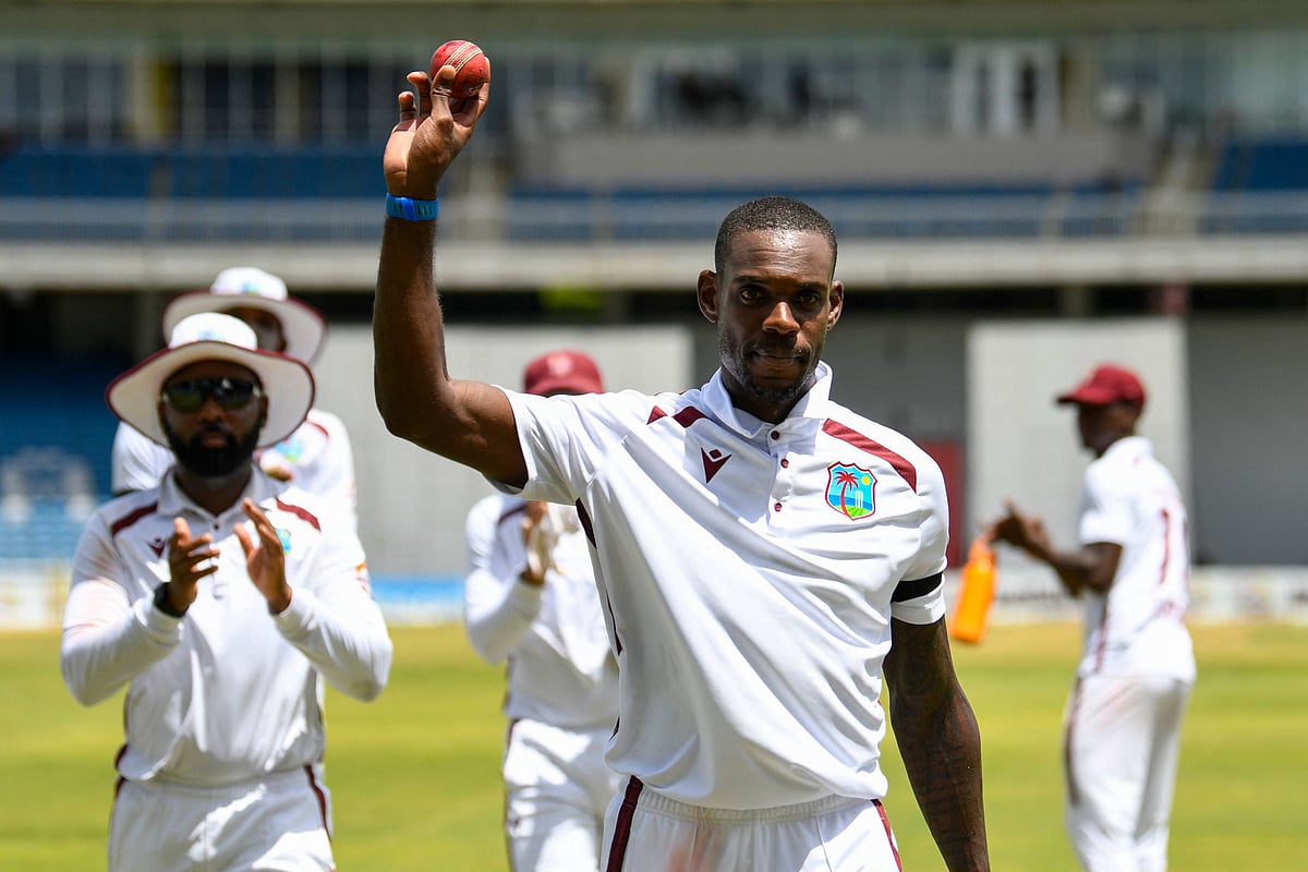 Justin Greaves of West Indies waving to supporters after taking 5 wickets for 27 runs during the 3rd day of 1st Test match between West Indies and Pakistan at Brian Lara Cricket Academy in Tarouba, Trinidad and Tobago on 27 July, 2026.