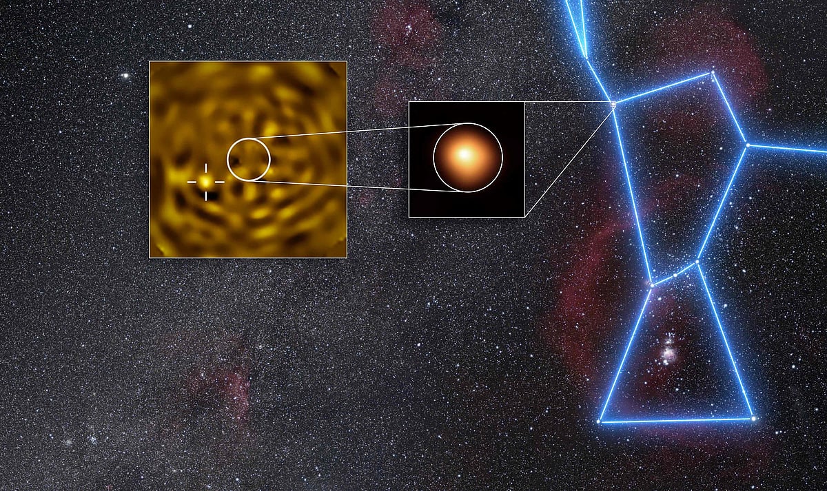 This handout image released by The European Southern Observatory (ESO) on 28 July 2026, shows a composite of images taken by ESO’s Very Large Telescope (VLT), the image in the middle inset was taken in January 2019 with the SPHERE instrument at ESO’s VLT, and shows Betelgeuse itself. The image in the inset on the left was taken in December 2024, when the companion was predicted to be furthest apart from Betelgeuse as seen from Earth. In this inset Betelgeuse has been removed, revealing a source (marked with a crosshair) consistent with being Betelgeuse B. An international team led by an astronomer from the Paris Observatory revealed on 28 July 2026, that the first visual evidence that Betelgeuse, one of the brightest stars in the galaxy, is not alone but in fact accompanied by another star