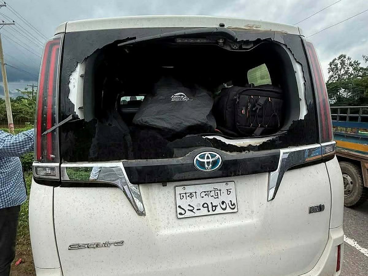 Broken rear windshield of the car carrying NCP leader Sarjis Alam in Golapganj, Sylhet.